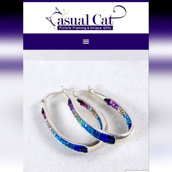 Casual Cat Silver Hoop Earrings with Multicolor Crystals - Picture 3 of 5